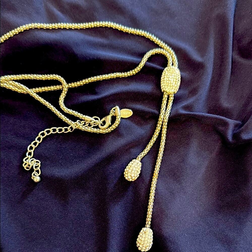 Chico's Crystal Pavé Lariat Necklace Silver Slider Teardrop Ends Glam